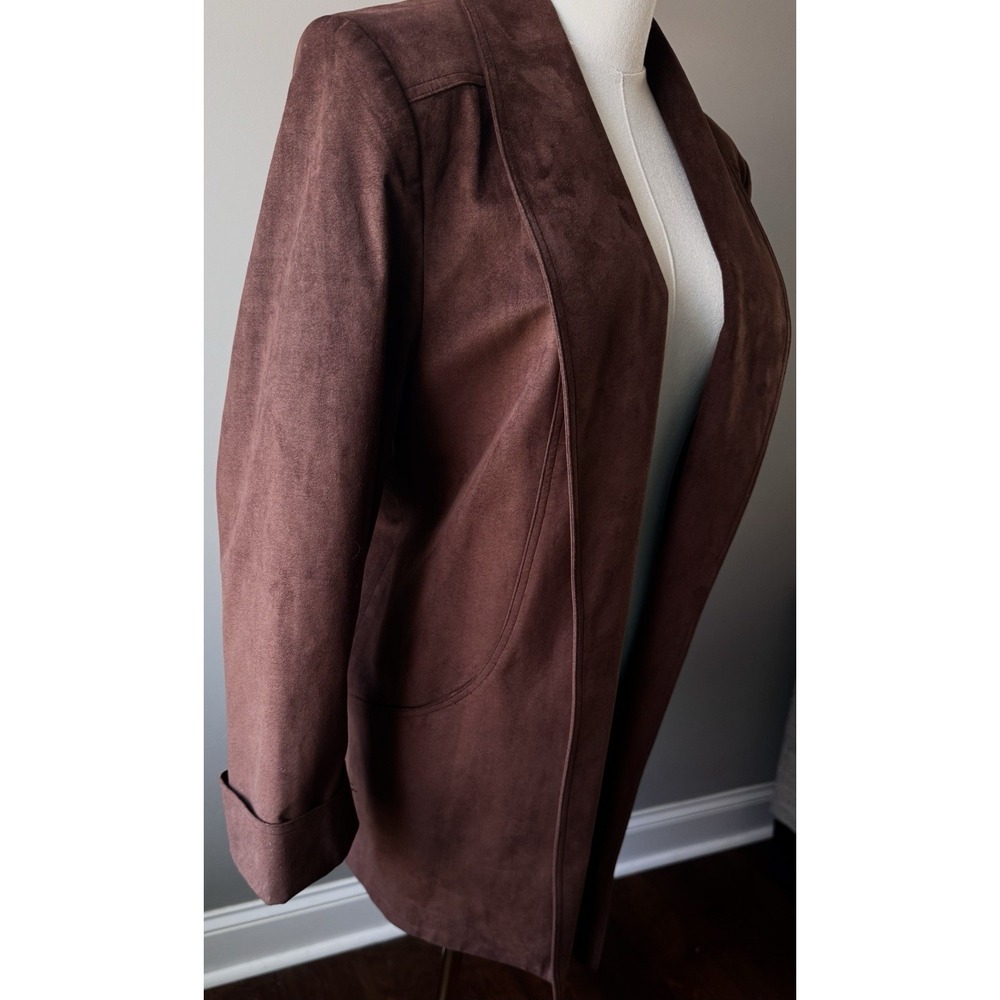 Vintage Da-Rue Faux Ultrasuede Jacket Brown Longline Open Blazer Size 12 USA - Picture 2 of 8